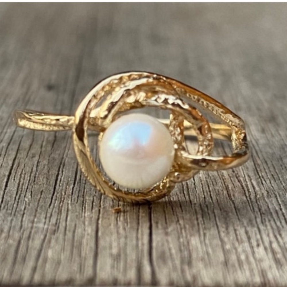 14K Yellow Gold Pearl Custom Design Artisan Twisted Ring